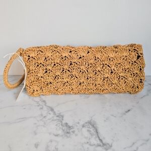 Mud Pie New Gold Tan Woven Crochet Zip Top Wristlet Neutral Natural Clean Girl